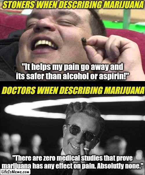 The great question.... when users of a product say it does something science cannot prove, who is right? | STONERS WHEN DESCRIBING MARIJUANA; "It helps my pain go away and its safer than alcohol or aspirin!"; DOCTORS WHEN DESCRIBING MARIJUANA; "There are zero medical studies that prove marijuana has any effect on pain. Absolutly none." | image tagged in laughing stoner,doctor strangelove says,weed,drugs,question,accurate | made w/ Lifeismeme meme maker