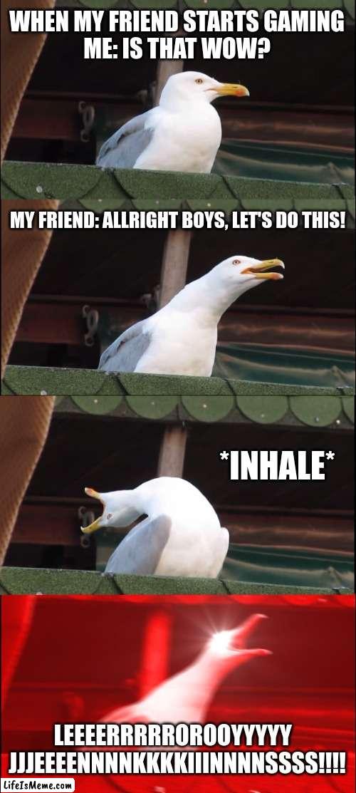 At least I have chicken (bring back the cringe) | WHEN MY FRIEND STARTS GAMING
ME: IS THAT WOW? MY FRIEND: ALLRIGHT BOYS, LET'S DO THIS! *INHALE*; LEEEERRRRROROOYYYYY   JJJEEEENNNNKKKKIIINNNNSSSS!!!! | image tagged in memes,inhaling seagull | made w/ Lifeismeme meme maker