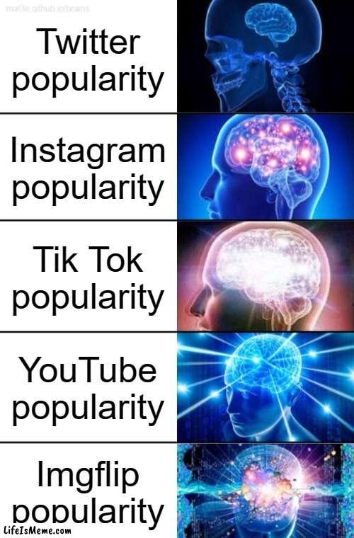 Way up there | Twitter popularity; Instagram popularity; Tik Tok popularity; YouTube popularity; Lifeismeme popularity | image tagged in imgflip,expanding brain,social media,popularity | made w/ Lifeismeme meme maker