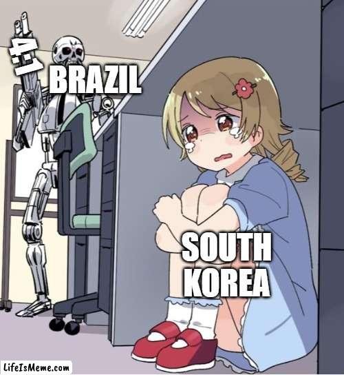 Again World Cup meme | 4:1; BRAZIL; SOUTH KOREA | image tagged in anime girl hiding from terminator,brazil,south korea,world cup | made w/ Lifeismeme meme maker
