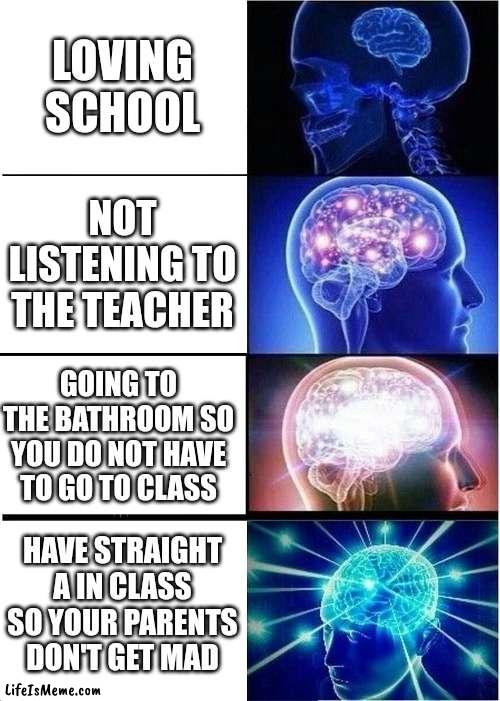 It's true #school | LOVING SCHOOL; NOT LISTENING TO THE TEACHER; GOING TO THE BATHROOM SO YOU DO NOT HAVE TO GO TO CLASS; HAVE STRAIGHT A IN CLASS SO YOUR PARENTS DON'T GET MAD | image tagged in memes,expanding brain,bruh,brain | made w/ Lifeismeme meme maker