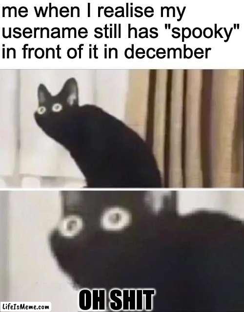 thankfully I noticed before christmas lol | me when I realise my username still has "spooky" in front of it in december; OH SHIT | image tagged in oh no black cat | made w/ Lifeismeme meme maker