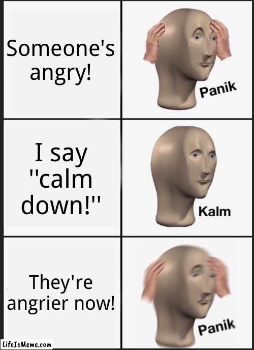 Who would've guessed? | Someone's angry! I say ''calm down!''; They're angrier now! | image tagged in memes,panik kalm panik | made w/ Lifeismeme meme maker