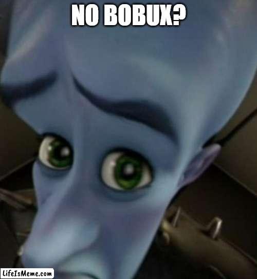 No Bobux? | NO BOBUX? | image tagged in megamind no bitches,left exit 12 off ramp,emotional damage,never gonna give you up,oil | made w/ Lifeismeme meme maker