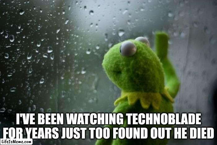 One of my favorite YouTubers is dead | I'VE BEEN WATCHING TECHNOBLADE FOR YEARS JUST TOO FOUND OUT HE DIED | image tagged in kermit window | made w/ Lifeismeme meme maker