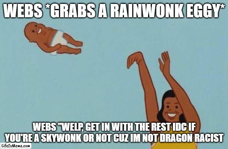 basically dragon racism | WEBS *GRABS A RAINWONK EGGY*; WEBS "WELP, GET IN WITH THE REST IDC IF YOU'RE A SKYWONK OR NOT CUZ IM NOT DRAGON RACIST | image tagged in baby yeet | made w/ Lifeismeme meme maker