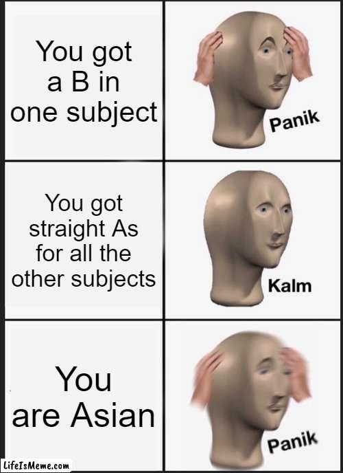 Asian not Bsian | You got a B in one subject; You got straight As for all the other subjects; You are Asian | image tagged in memes,panik kalm panik | made w/ Lifeismeme meme maker