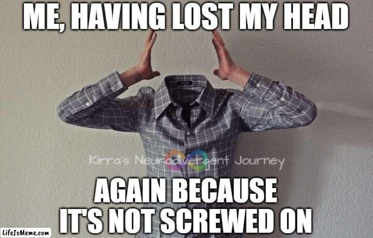 Me, having lost my head again because it's not screwed on | ME, HAVING LOST MY HEAD; AGAIN BECAUSE
IT'S NOT SCREWED ON | image tagged in head,lost,losing,misplaced,adhd,forgetful | made w/ Lifeismeme meme maker