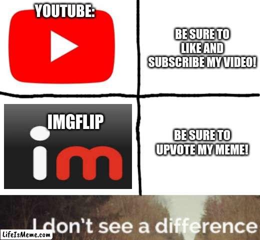 I don't see a difference | YOUTUBE:; BE SURE TO LIKE AND SUBSCRIBE MY VIDEO! IMGFLIP; BE SURE TO UPVOTE MY MEME! | image tagged in blank white template | made w/ Lifeismeme meme maker