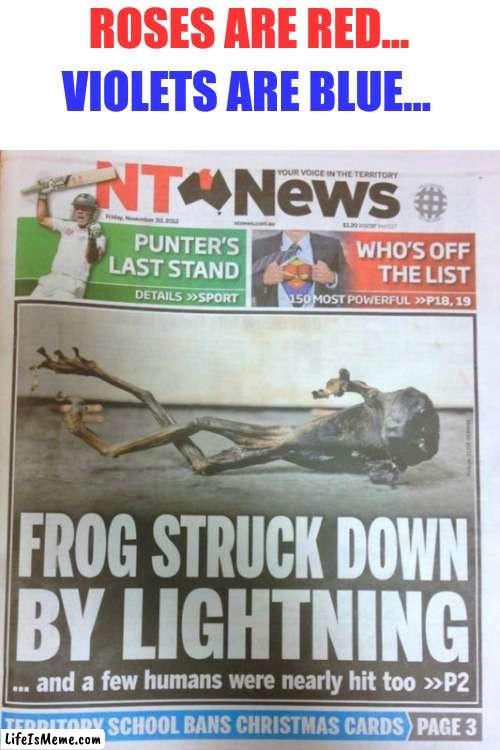 how did this happen? | VIOLETS ARE BLUE... ROSES ARE RED... | image tagged in memes,funny,news,lightning,struck down | made w/ Lifeismeme meme maker