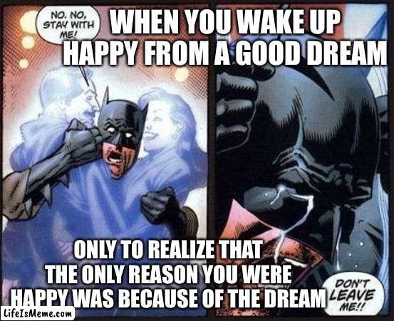 Batman don't leave me | WHEN YOU WAKE UP HAPPY FROM A GOOD DREAM; ONLY TO REALIZE THAT THE ONLY REASON YOU WERE HAPPY WAS BECAUSE OF THE DREAM | image tagged in batman don't leave me | made w/ Lifeismeme meme maker