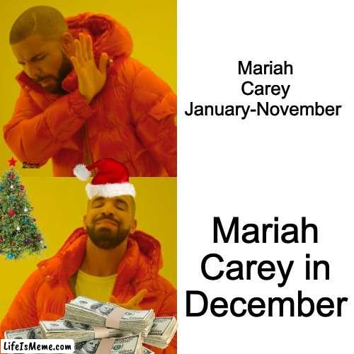 All I want for christmas | Mariah Carey January-November; Mariah Carey in December | image tagged in memes,drake hotline bling,mariah carey,merry christmas,funny,imgflip | made w/ Lifeismeme meme maker