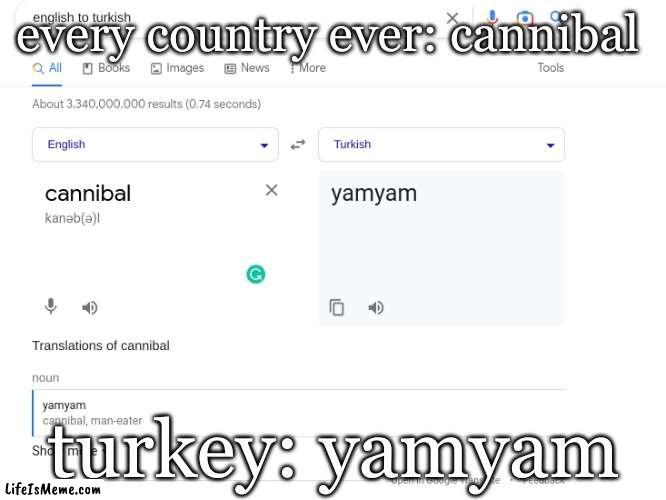 turkey has something fishy going on | every country ever: cannibal; turkey: yamyam | image tagged in yamyam,cannibalism,cannibal | made w/ Lifeismeme meme maker
