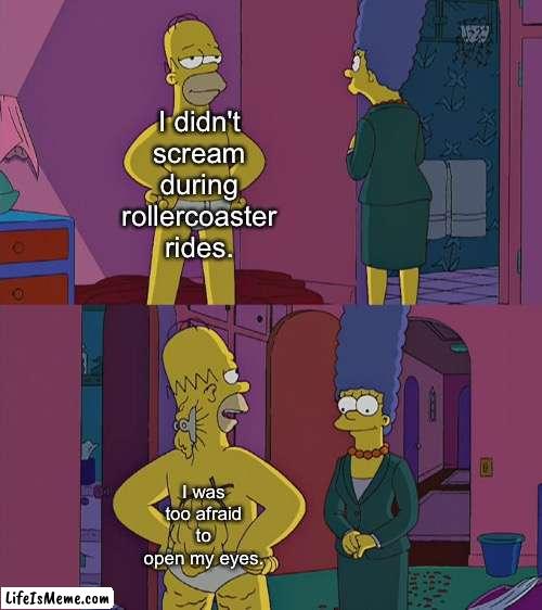 I won't be going to rollercoaster rides again | I didn't scream during rollercoaster rides. I was too afraid to open my eyes. | image tagged in homer simpson's back fat | made w/ Lifeismeme meme maker