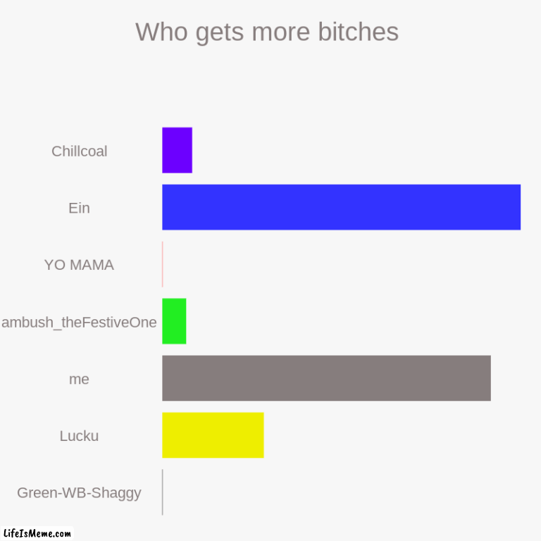 I GET MORE BITCHES | Who gets more bitches | Chillcoal, Ein, YO MAMA, ambush_theFestiveOne, me, Lucku, Green-WB-Shaggy | image tagged in charts,bar charts | made w/ Lifeismeme chart maker