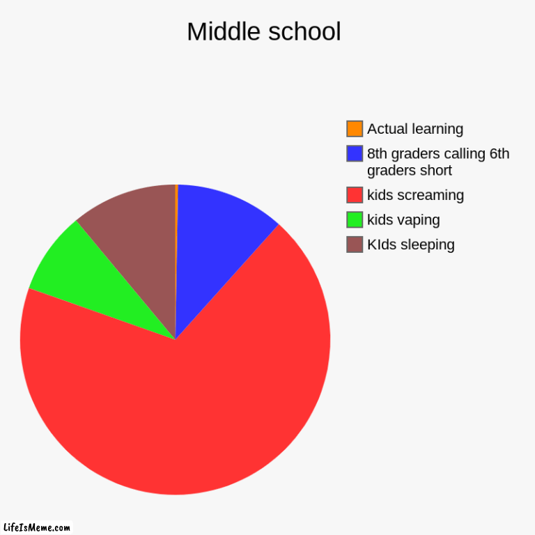 middle school | Middle school | KIds sleeping, kids vaping, kids screaming, 8th graders calling 6th graders short, Actual learning | image tagged in charts,pie charts | made w/ Lifeismeme chart maker