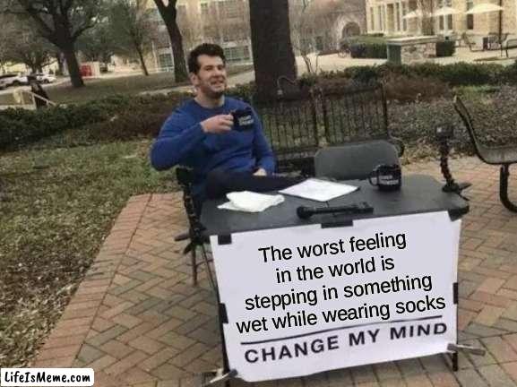 I Apologize If This Meme Gives Someone PTSD | The worst feeling in the world is stepping in something wet while wearing socks | image tagged in memes,change my mind,ptsd,dank memes,funny | made w/ Lifeismeme meme maker