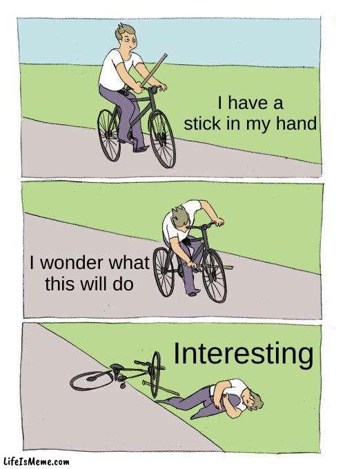 Such a stupid idea though | I have a stick in my hand; I wonder what this will do; Interesting | image tagged in memes,bike fall | made w/ Lifeismeme meme maker