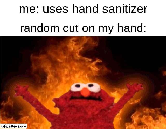 don't play with fire kids | me: uses hand sanitizer; random cut on my hand: | image tagged in fun,elmo fire,so true memes,relatable,relatable memes | made w/ Lifeismeme meme maker
