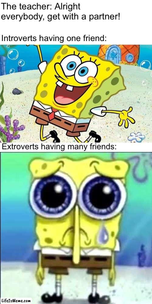 This took longer than I thought. | The teacher: Alright everybody, get with a partner! Introverts having one friend:; Extroverts having many friends: | image tagged in memes,funny memes,introverts,extrovert,school meme | made w/ Lifeismeme meme maker
