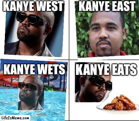 4 blank panels | KANYE WEST; KANYE EAST; KANYE WETS; KANYE EATS | image tagged in kanye west,chicken wings,water | made w/ Lifeismeme meme maker