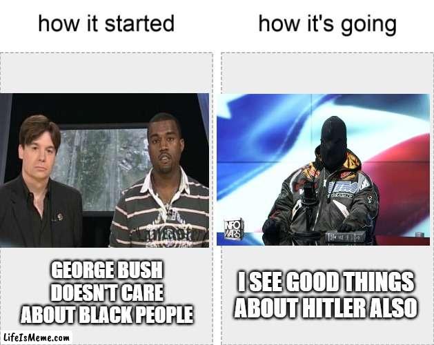 How it started vs how it's going | I SEE GOOD THINGS ABOUT HITLER ALSO; GEORGE BUSH DOESN'T CARE ABOUT BLACK PEOPLE | image tagged in how it started vs how it's going | made w/ Lifeismeme meme maker