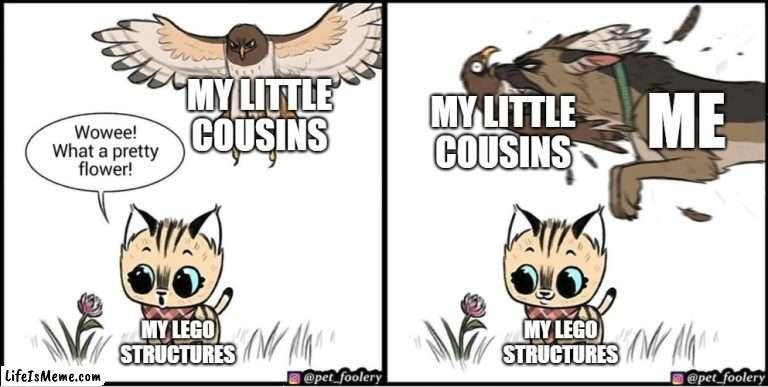 I always have to guard my Lego builds when my cousins try to destroy them | MY LITTLE COUSINS; ME; MY LITTLE COUSINS; MY LEGO STRUCTURES; MY LEGO STRUCTURES | image tagged in brutus saving pixie from an eagle,lego | made w/ Lifeismeme meme maker