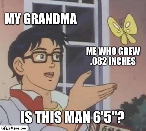 every grandma ever | MY GRANDMA; ME WHO GREW .082 INCHES; IS THIS MAN 6'5"? | image tagged in memes,is this a pigeon | made w/ Lifeismeme meme maker