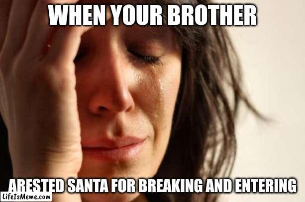 *sob* | WHEN YOUR BROTHER; ARESTED SANTA FOR BREAKING AND ENTERING | image tagged in memes,first world problems | made w/ Lifeismeme meme maker