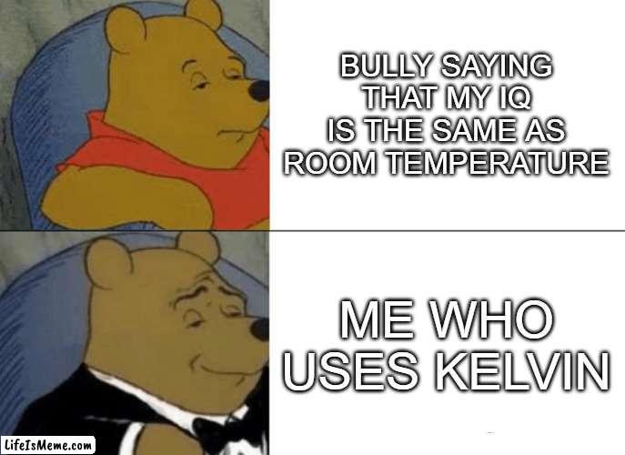 Kelvin | BULLY SAYING THAT MY IQ IS THE SAME AS ROOM TEMPERATURE; ME WHO USES KELVIN | image tagged in memes,tuxedo winnie the pooh | made w/ Lifeismeme meme maker