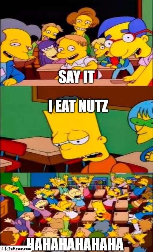 NUTZ MEME | SAY IT; I EAT NUTZ; HAHAHAHAHAHA | image tagged in say the line bart simpsons | made w/ Lifeismeme meme maker