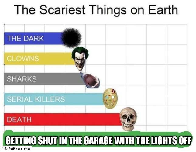 Meme #238 | GETTING SHUT IN THE GARAGE WITH THE LIGHTS OFF | image tagged in scariest things on earth,garage,cars,memes,fear,charts | made w/ Lifeismeme meme maker