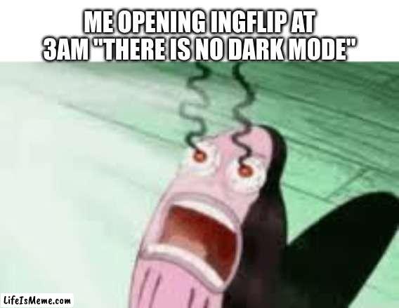 seriously why isnt there a dark mode? | ME OPENING INGFLIP AT 3AM "THERE IS NO DARK MODE" | image tagged in burning | made w/ Lifeismeme meme maker
