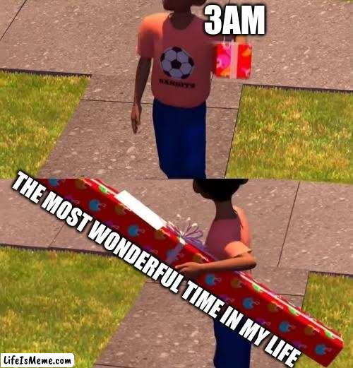 Its here I Imagine my perfect life and dream about it | 3AM; THE MOST WONDERFUL TIME IN MY LIFE | image tagged in toy story present,3am,funny memes,funny,memes,dankmemes | made w/ Lifeismeme meme maker