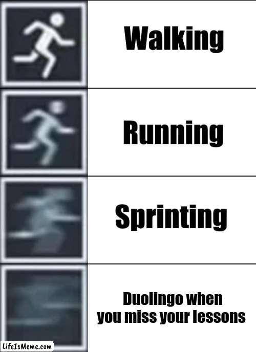 Do your lessons | Duolingo when you miss your lessons | image tagged in very fast | made w/ Lifeismeme meme maker