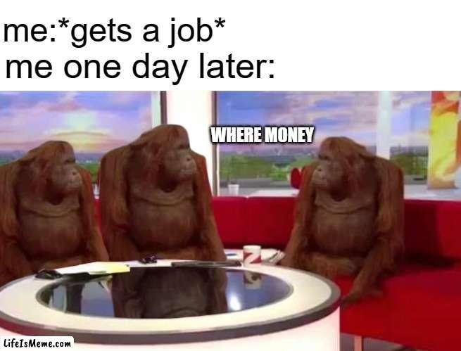 free epic Balikutsa | me:*gets a job*; me one day later:; WHERE MONEY | image tagged in where monkey | made w/ Lifeismeme meme maker