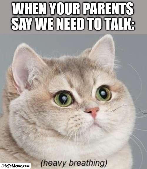 We need to talk | WHEN YOUR PARENTS SAY WE NEED TO TALK: | image tagged in memes,heavy breathing cat,parents | made w/ Lifeismeme meme maker