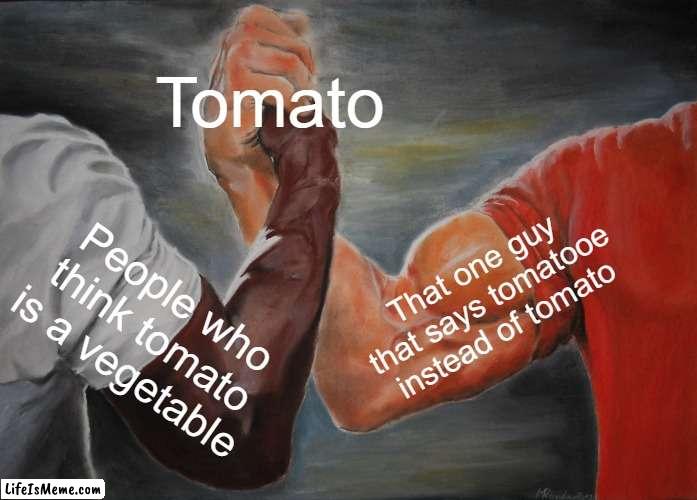 Tomato or Tomatooe | Tomato; That one guy that says tomatooe instead of tomato; People who think tomato is a vegetable | image tagged in memes,epic handshake | made w/ Lifeismeme meme maker