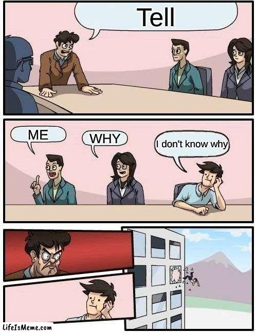 TELL ME WHY | Tell; ME; WHY; I don't know why | image tagged in memes,boardroom meeting suggestion | made w/ Lifeismeme meme maker
