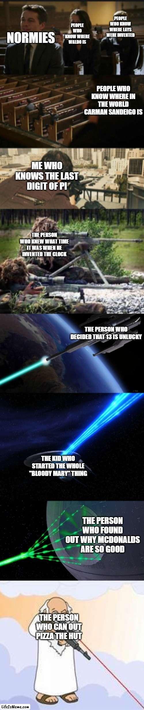 N o S c O p E | PEOPLE WHO KNOW WHERE LAYS WERE INVENTED; PEOPLE WHO KNOW WHERE WALDO IS; NORMIES; PEOPLE WHO KNOW WHERE IN THE WORLD CARMAN SANDEIGO IS; ME WHO KNOWS THE LAST DIGIT OF PI; THE PERSON WHO KNEW WHAT TIME IT WAS WHEN HE INVENTED THE CLOCK; THE PERSON WHO DECIDED THAT 13 IS UNLUCKY; THE KID WHO STARTED THE WHOLE "BLOODY MARY" THING; THE PERSON WHO FOUND OUT WHY MCDONALDS ARE SO GOOD; THE PERSON WHO CAN OUT PIZZA THE HUT | image tagged in assassination chain with too many assassins,mcdonalds,pizza hut | made w/ Lifeismeme meme maker