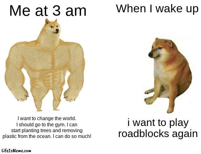 3am vs when you wake up | Me at 3 am; When I wake up; I want to change the world. I should go to the gym. I can start planting trees and removing plastic from the ocean. I can do so much! i want to play roadblocks again | image tagged in memes,buff doge vs cheems,3am,relatable | made w/ Lifeismeme meme maker