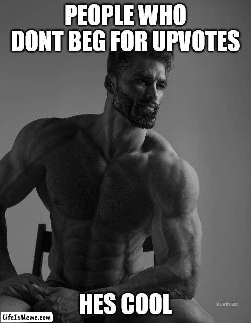 be like a chad | PEOPLE WHO DONT BEG FOR UPVOTES; HES COOL | image tagged in giga chad | made w/ Lifeismeme meme maker