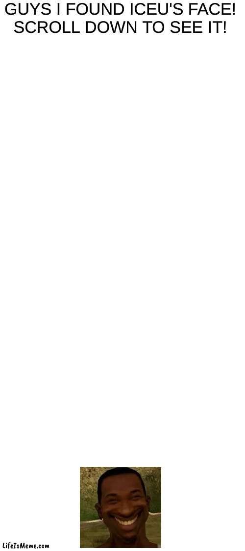 OMG ICEU FACE REVEAL???? | GUYS I FOUND ICEU'S FACE!
SCROLL DOWN TO SEE IT! | image tagged in memes,funny,iceu,face reveal,wtf,facts | made w/ Lifeismeme meme maker