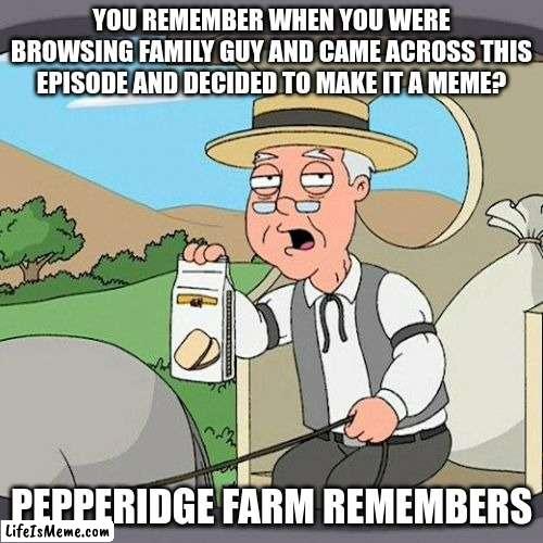 You Remember? | YOU REMEMBER WHEN YOU WERE BROWSING FAMILY GUY AND CAME ACROSS THIS EPISODE AND DECIDED TO MAKE IT A MEME? PEPPERIDGE FARM REMEMBERS | image tagged in memes,pepperidge farm remembers | made w/ Lifeismeme meme maker