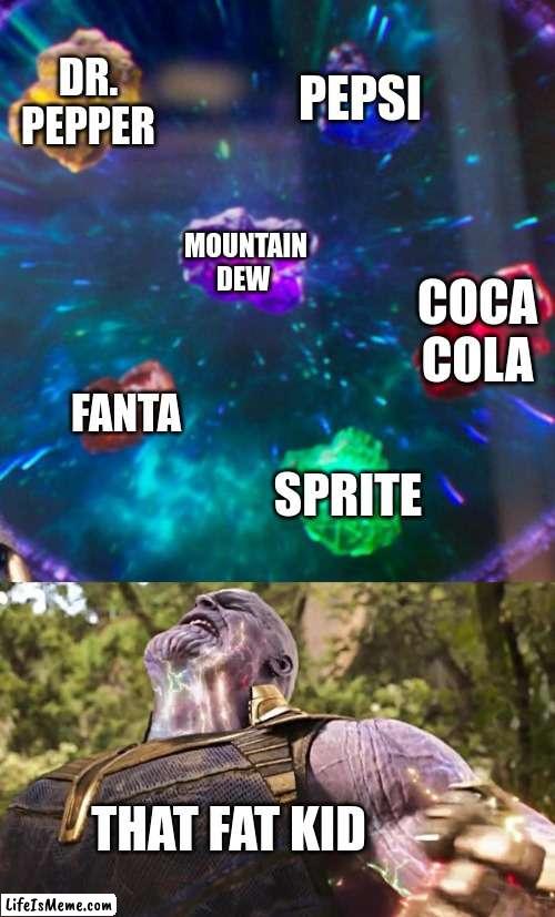 I have all the Soda Stones | DR. PEPPER; PEPSI; MOUNTAIN DEW; COCA COLA; FANTA; SPRITE; THAT FAT KID | image tagged in thanos infinity stones | made w/ Lifeismeme meme maker