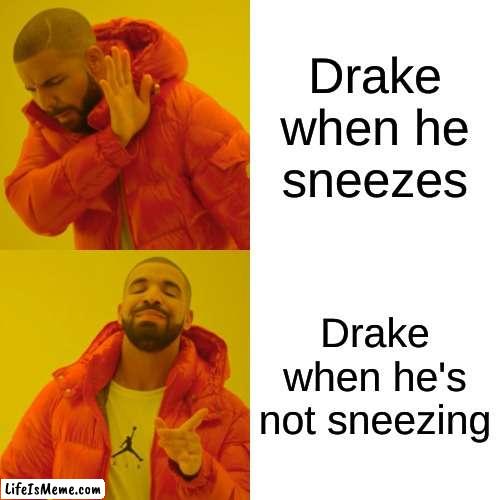 Drake the type of guy to have smoke come out of his ears when he gets mad | Drake when he sneezes; Drake when he's not sneezing | image tagged in memes,drake hotline bling | made w/ Lifeismeme meme maker