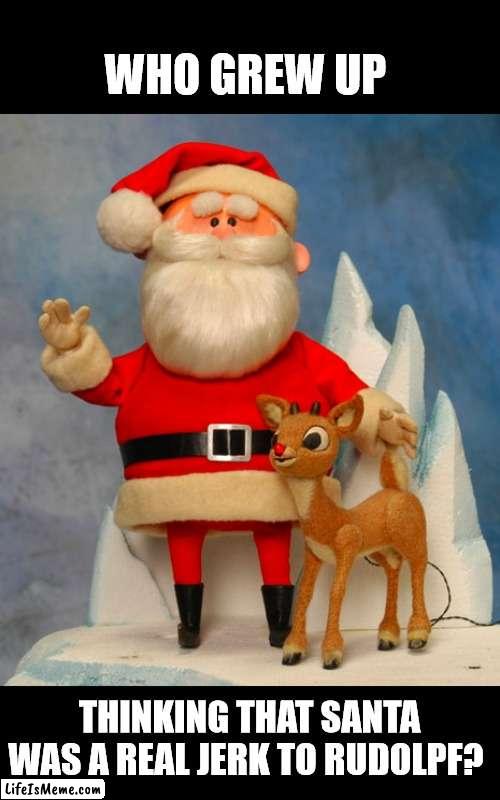 Rudolph the Red Nose Reindeer | WHO GREW UP; THINKING THAT SANTA WAS A REAL JERK TO RUDOLPF? | image tagged in rudolph,santa claus,rankin bass,jerk,christmas | made w/ Lifeismeme meme maker