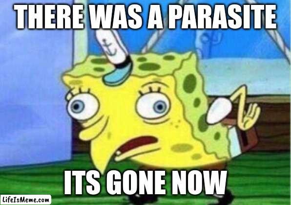 THERE WAS A  PARASITE | THERE WAS A PARASITE; ITS GONE NOW | image tagged in memes,mocking spongebob | made w/ Lifeismeme meme maker