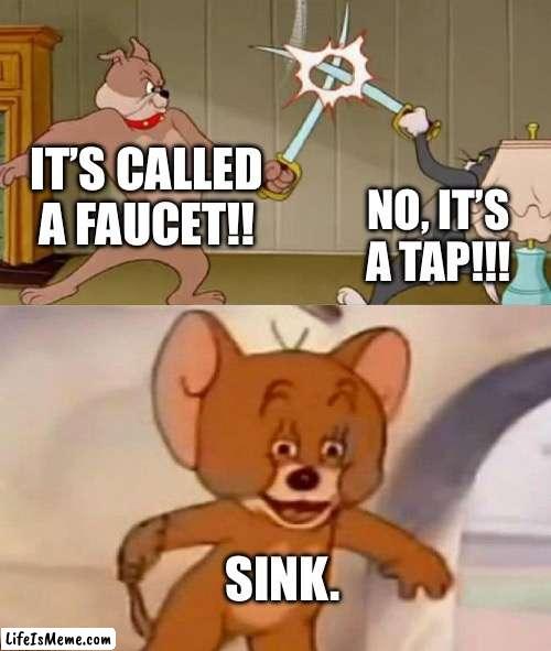 sink. | IT’S CALLED A FAUCET!! NO, IT’S A TAP!!! SINK. | image tagged in tom and jerry swordfight,memes,funny memes | made w/ Lifeismeme meme maker