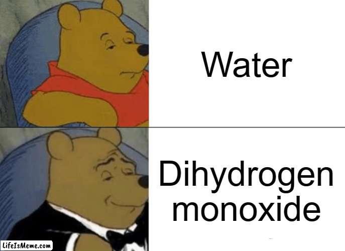ㅤ | Water; Dihydrogen monoxide | image tagged in memes,tuxedo winnie the pooh | made w/ Lifeismeme meme maker